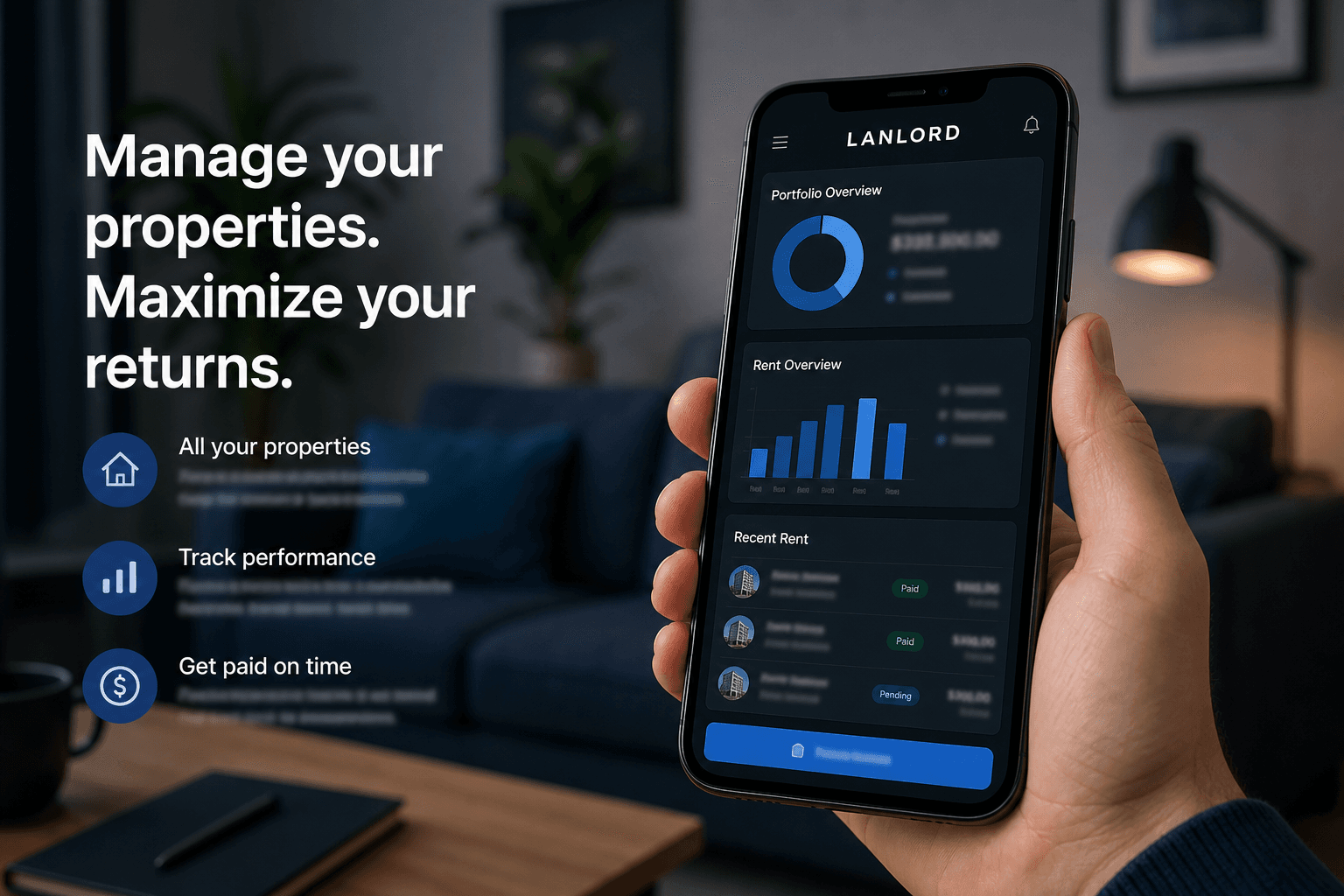 Landlord reviewing rental portfolio on a smartphone with the Lanlord property operations app