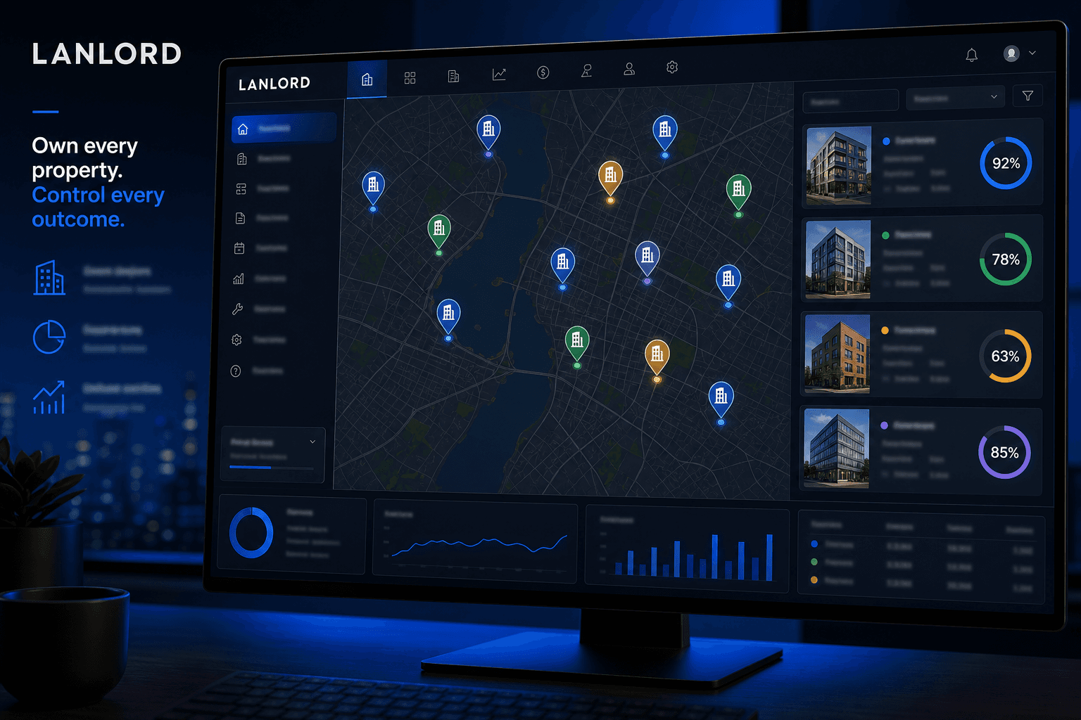 Property portfolio map and building performance view in property management software
