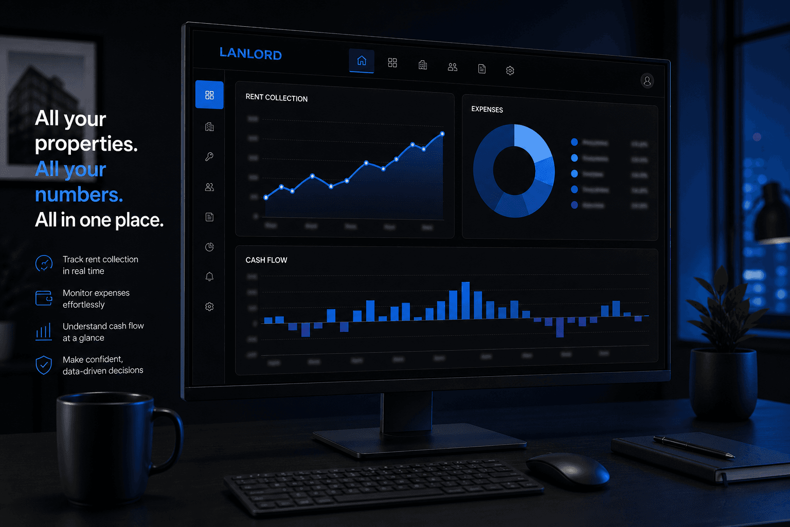 Financial dashboard with rent collection charts, expenses, and cash flow graphs