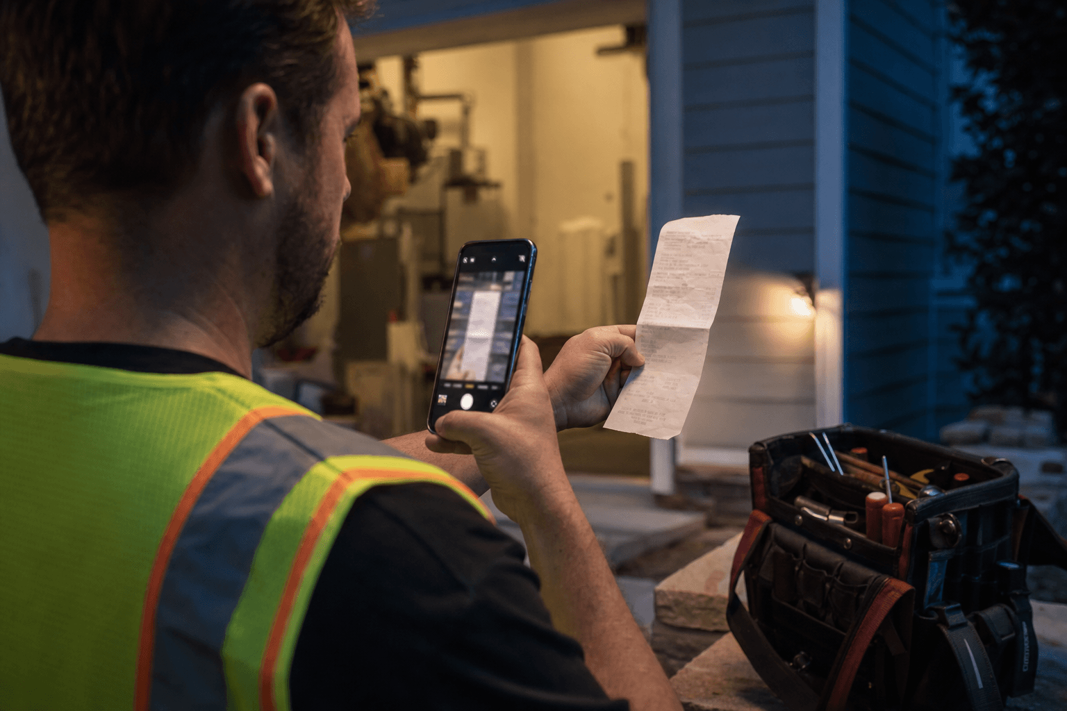 Maintenance contractor photographing a receipt on a job site with a smartphone